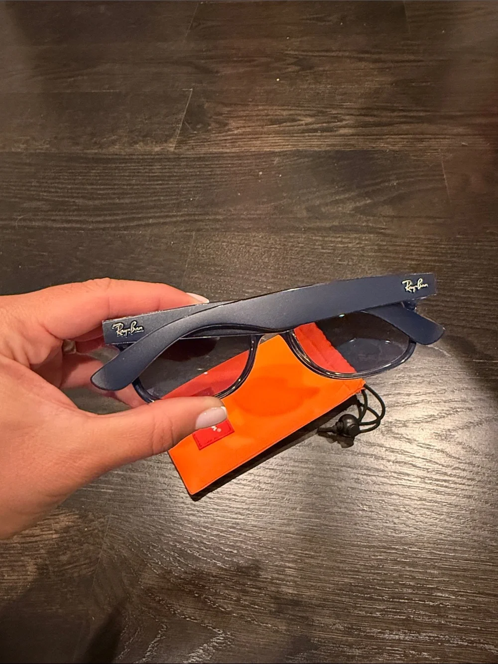 Ray-Ban Navy Frame Sunglasses with Red Lenses and Orange Pouch